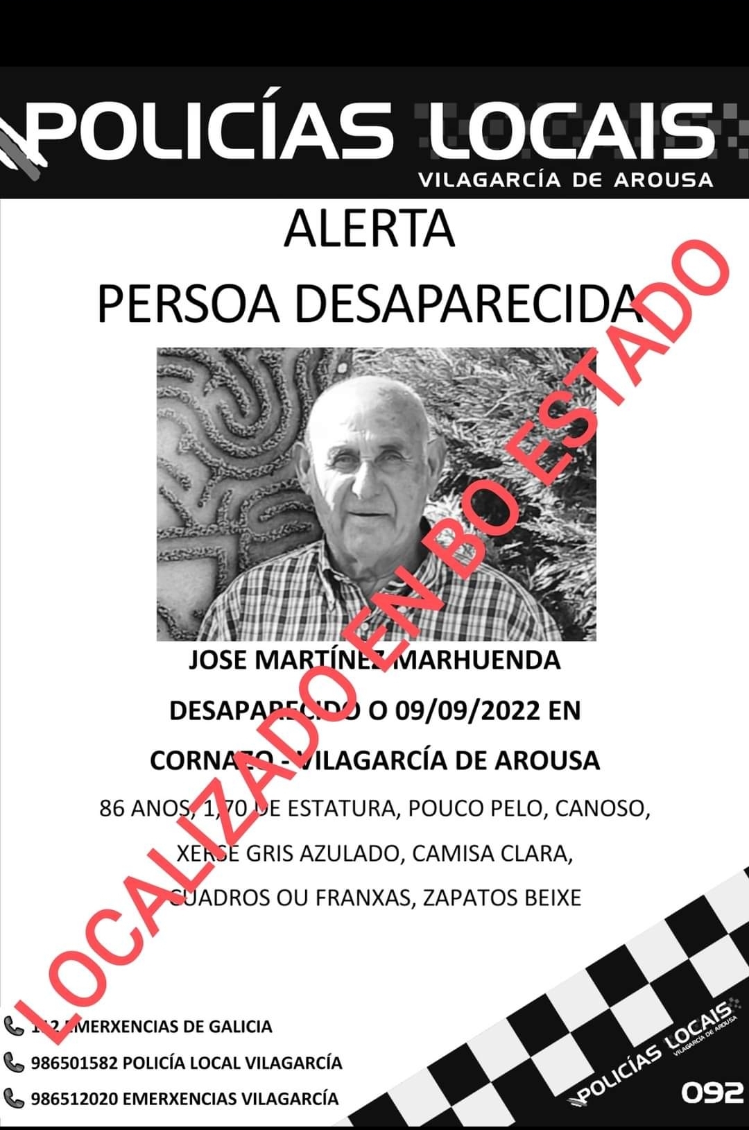 Localizado en buen estado el anciano desaparecido en Vilagarcía